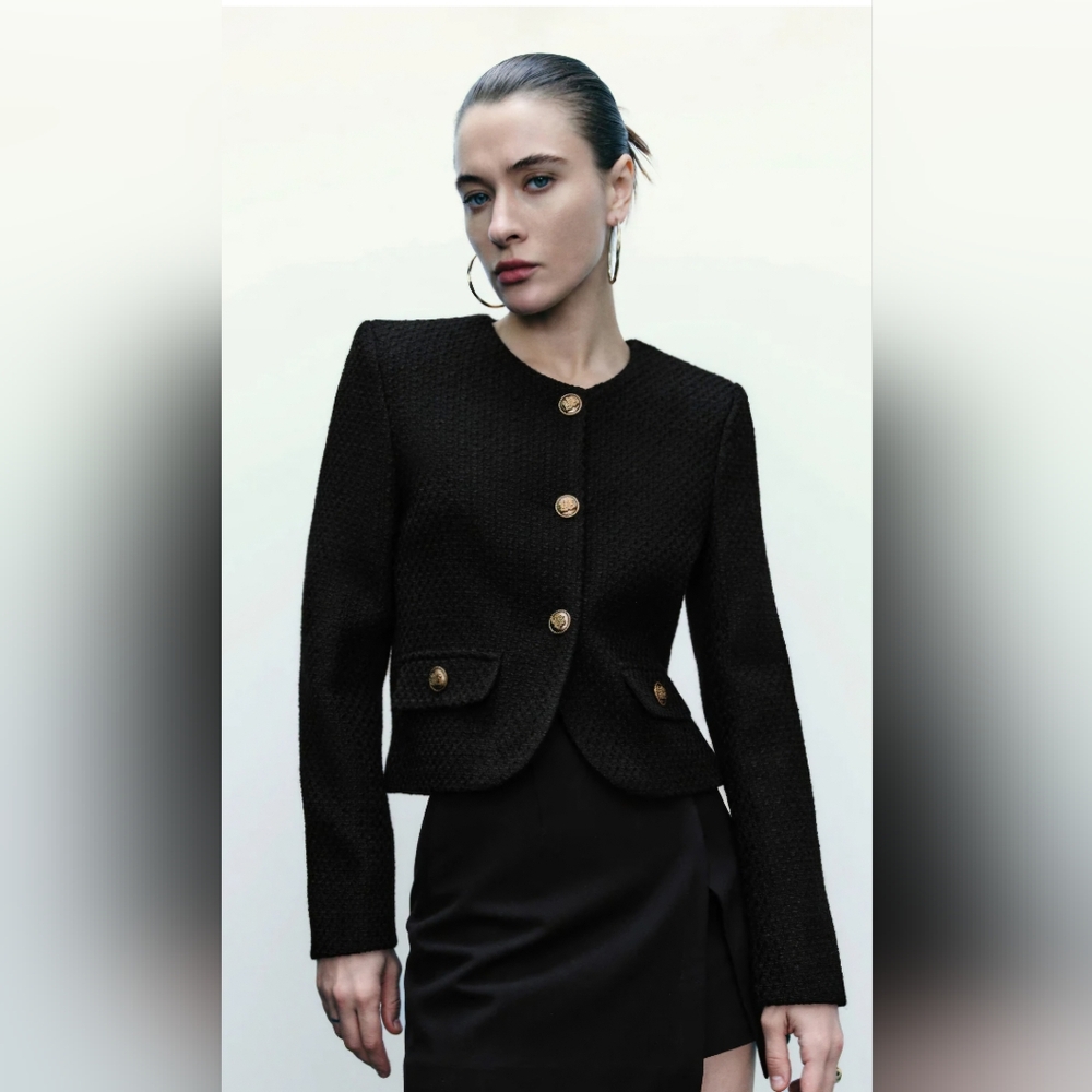 URBAN revivo Tweed Jacket With Fake Pockets Large will fit Small/Medium Black